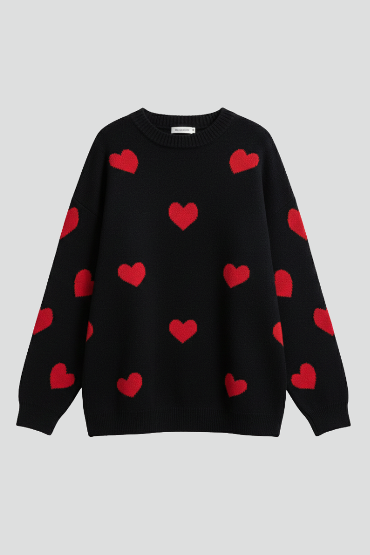 Renata | Women's Knit Sweater – Heart Print Round Neck Jumper