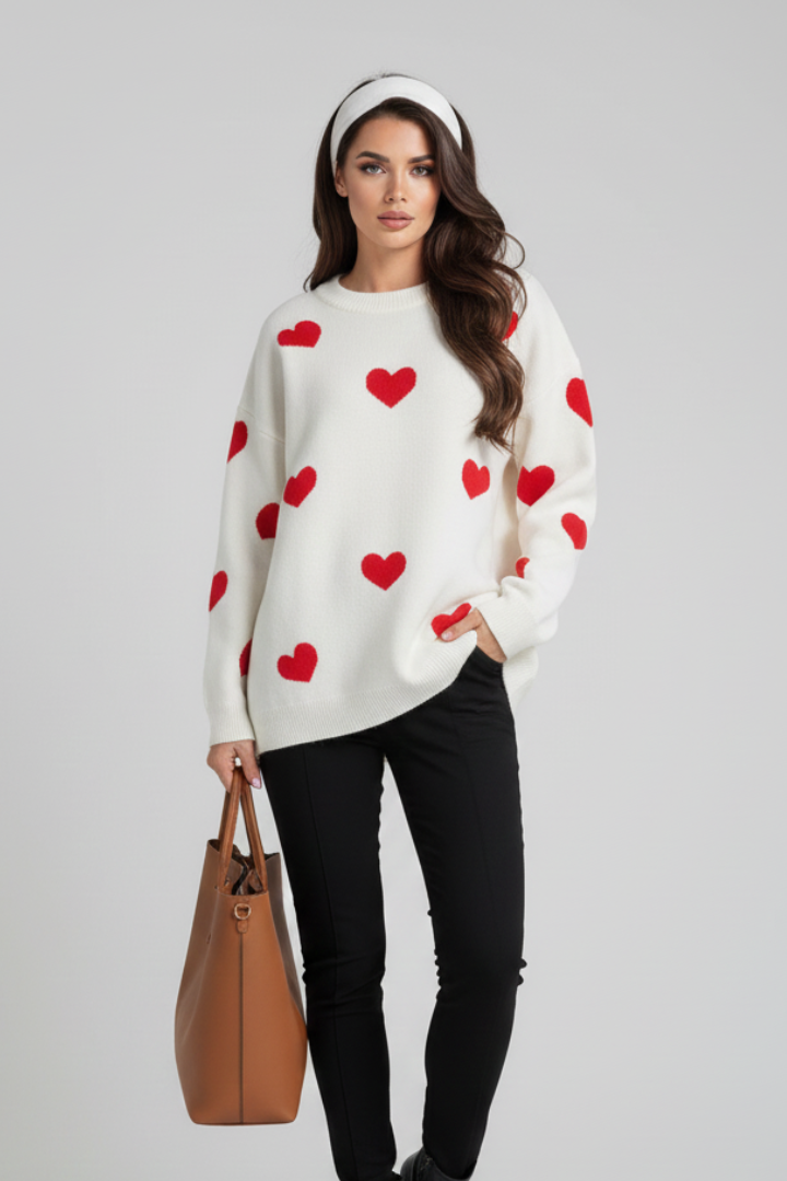 Renata | Women's Knit Sweater – Heart Print Round Neck Jumper