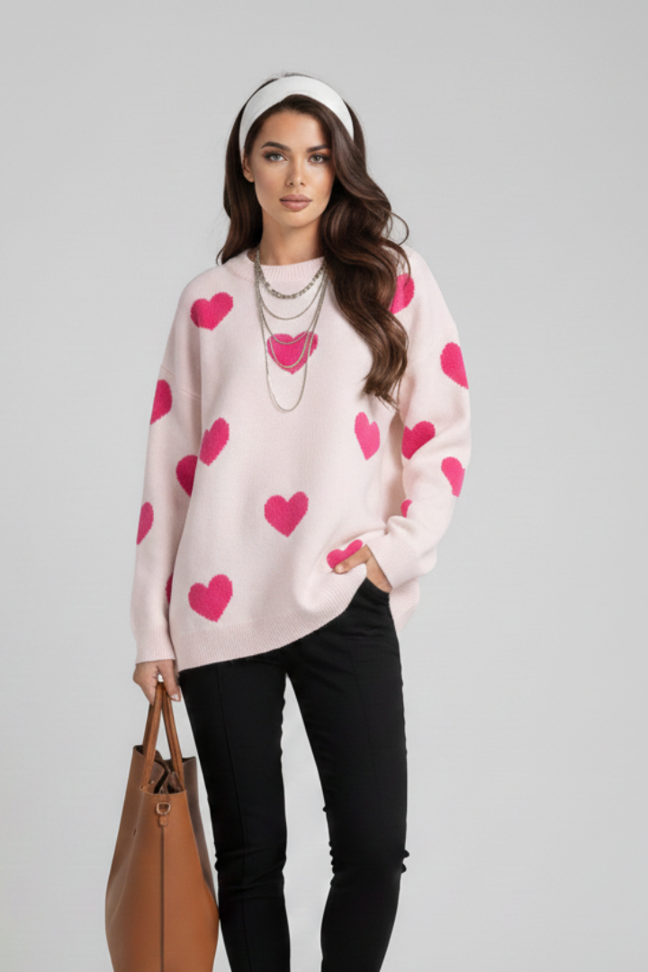 Renata | Women's Knit Sweater – Heart Print Round Neck Jumper