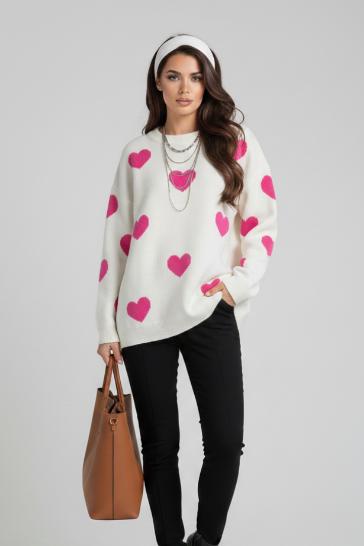 Renata | Women's Knit Sweater – Heart Print Round Neck Jumper