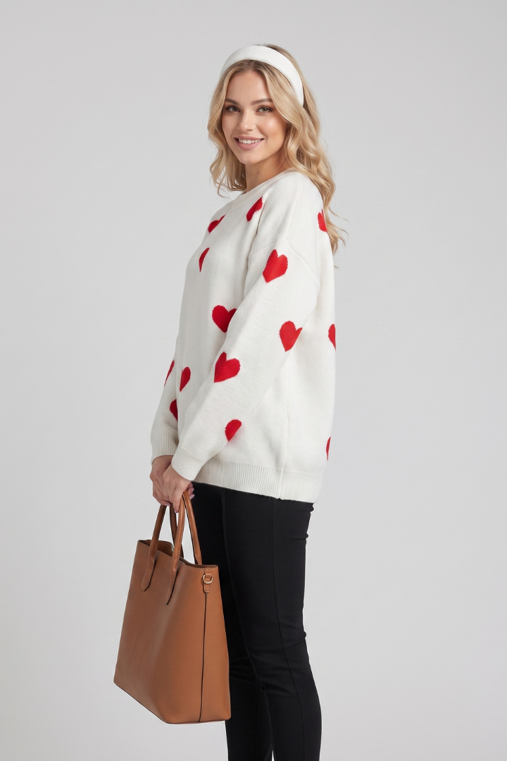 Renata | Women's Knit Sweater – Heart Print Round Neck Jumper