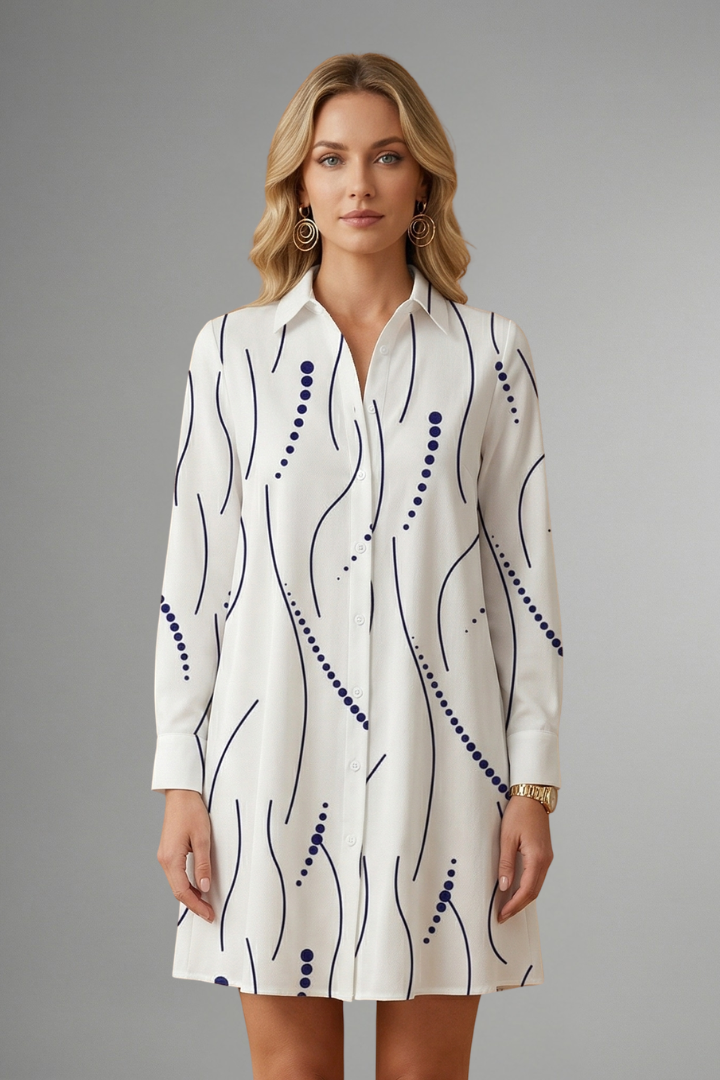 Renley | Women's Long Sleeve Dress – Wavy Pattern Button Front Shirt Dress