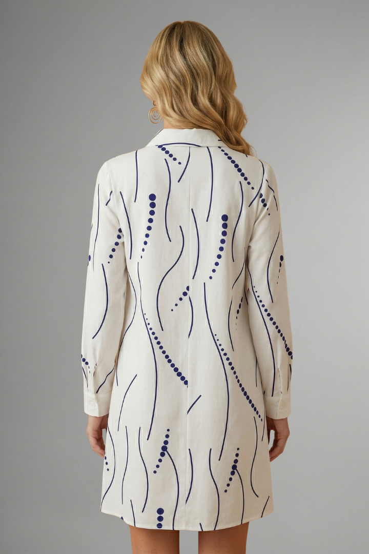 Renley | Women's Long Sleeve Dress – Wavy Pattern Button Front Shirt Dress
