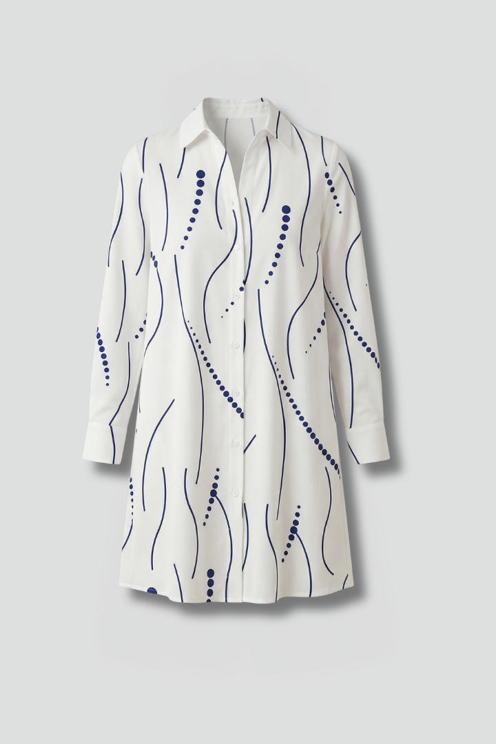 Renley | Women's Long Sleeve Dress – Wavy Pattern Button Front Shirt Dress