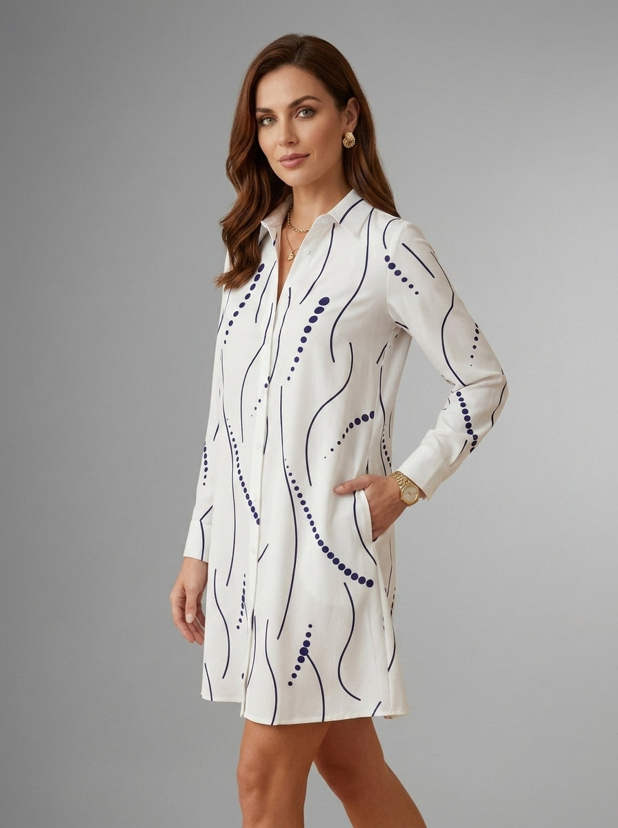Renley | Women's Long Sleeve Dress – Wavy Pattern Button Front Shirt Dress