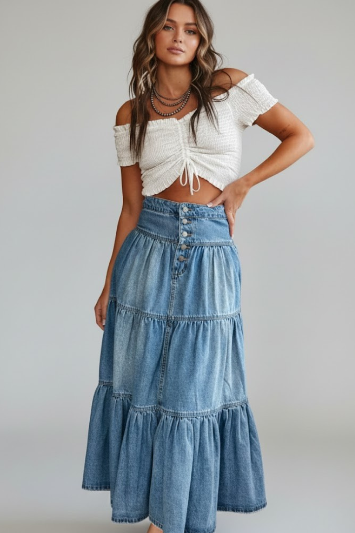 Rhea | Women’s High Waist Button-Up Denim Maxi Skirt with Tiered Panels