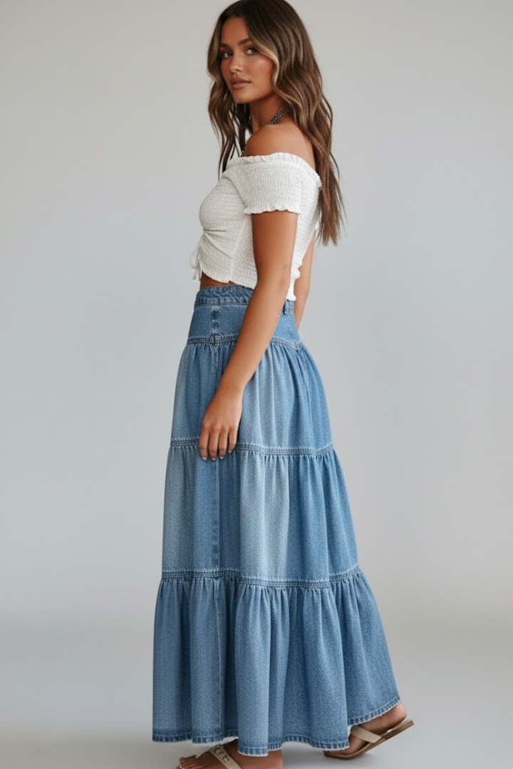 Rhea | Women’s High Waist Button-Up Denim Maxi Skirt with Tiered Panels