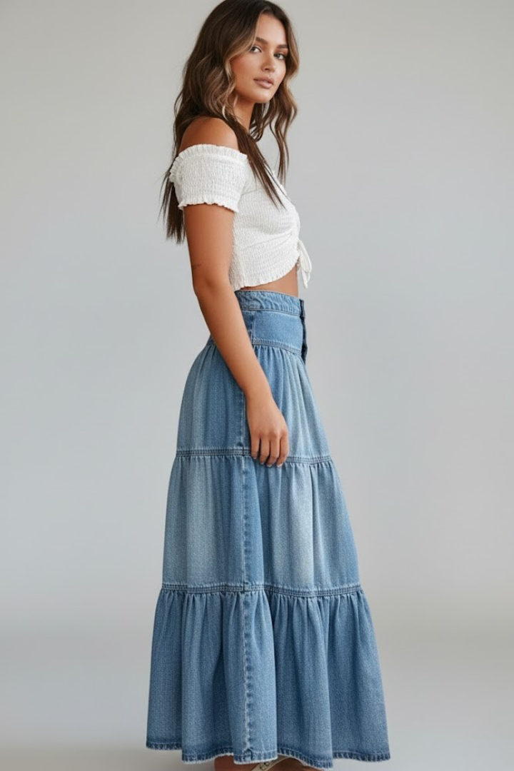 Rhea | Women’s High Waist Button-Up Denim Maxi Skirt with Tiered Panels