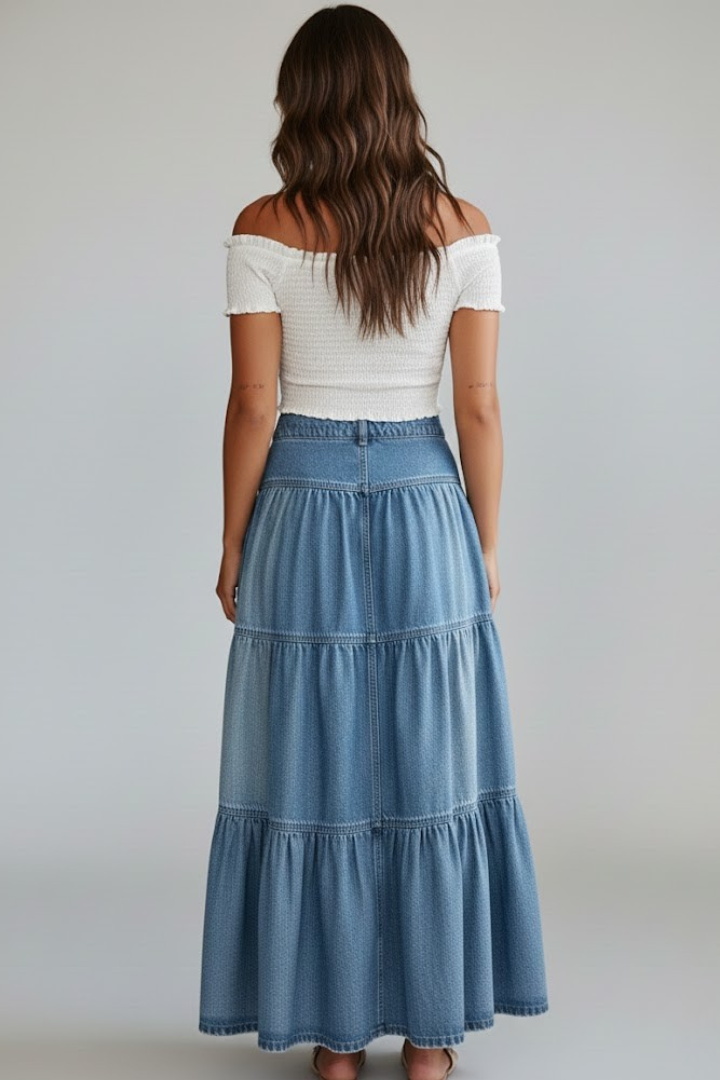 Rhea | Women’s High Waist Button-Up Denim Maxi Skirt with Tiered Panels