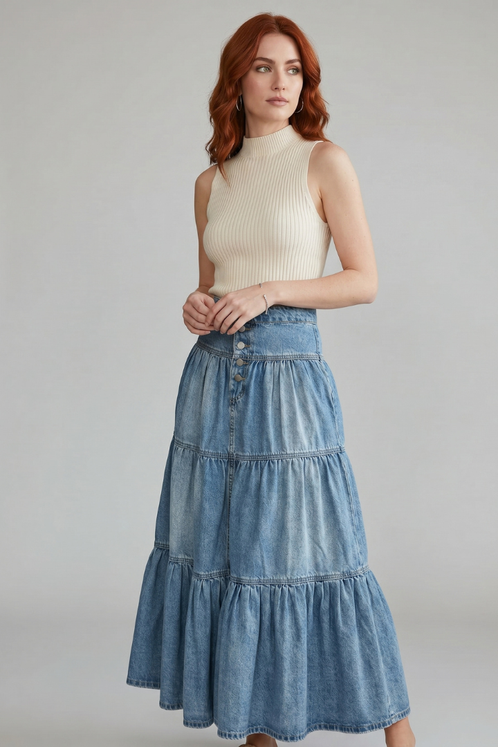 Rhea | Women’s High Waist Button-Up Denim Maxi Skirt with Tiered Panels