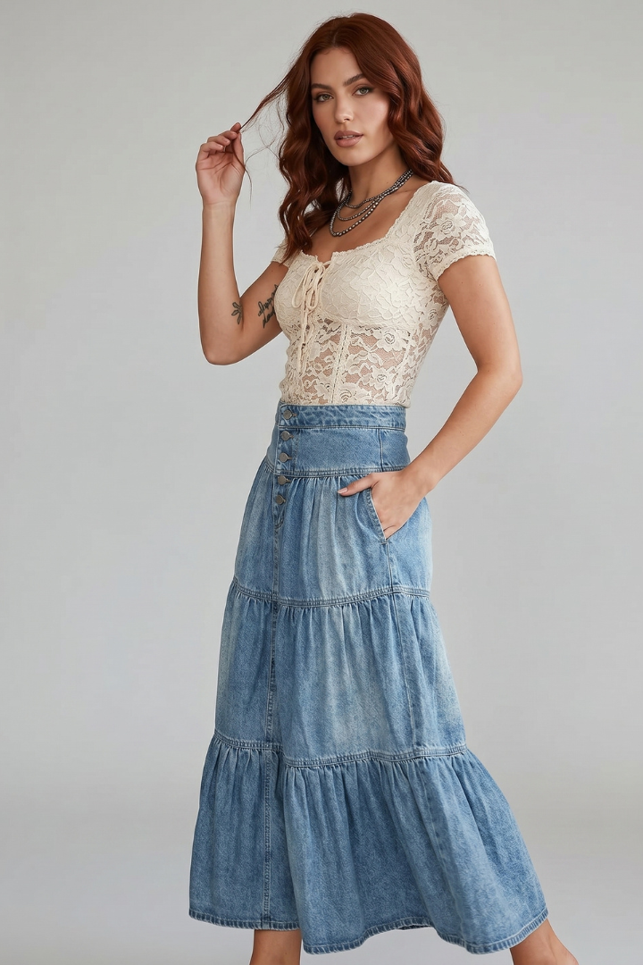 Rhea | Women’s High Waist Button-Up Denim Maxi Skirt with Tiered Panels