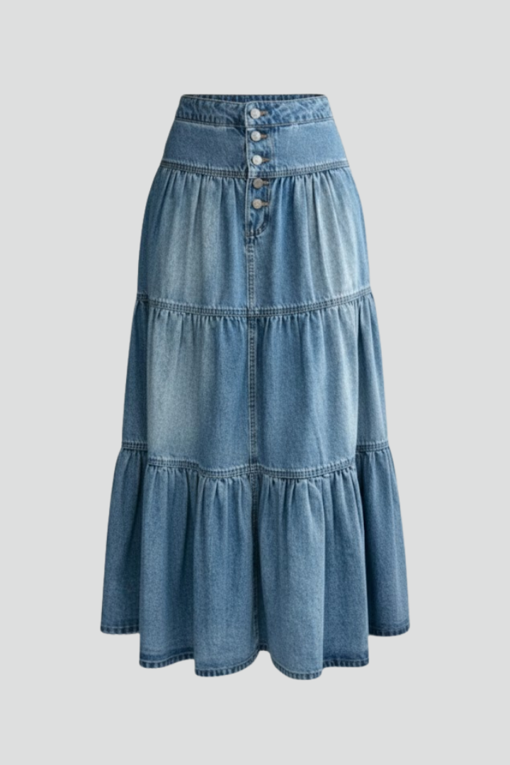 Rhea | Women’s High Waist Button-Up Denim Maxi Skirt with Tiered Panels