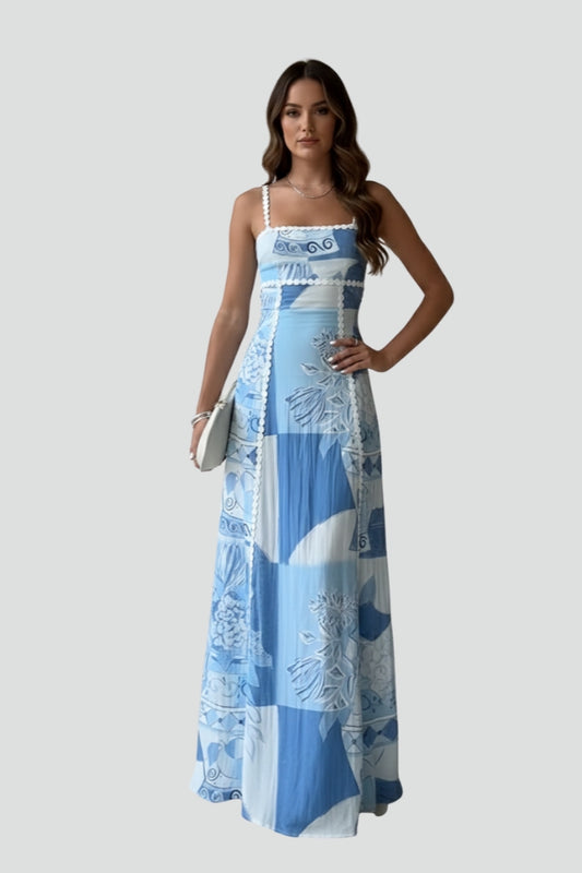 Rhosella | Women’s Sleeveless Maxi Dress Patterned A-Line Strappy Waist