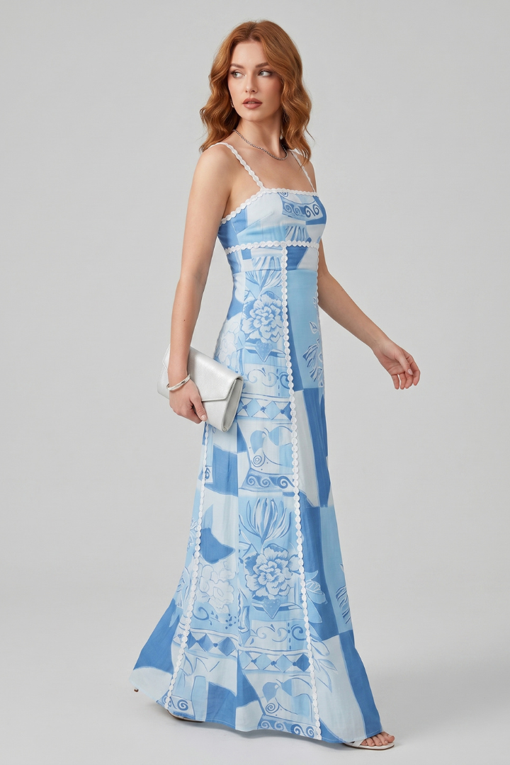 Rhosella | Women’s Sleeveless Maxi Dress Patterned A-Line Strappy Waist