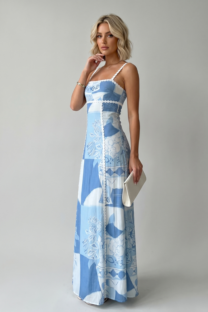 Rhosella | Women’s Sleeveless Maxi Dress Patterned A-Line Strappy Waist