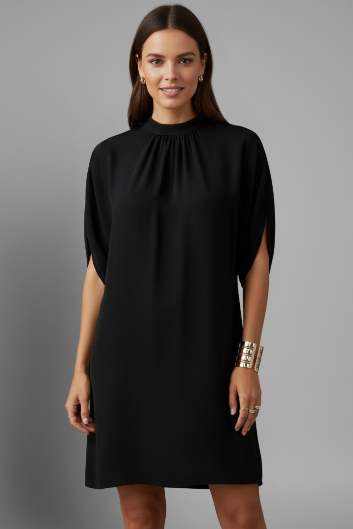 Rielle | Women’s Mini Dress – Mock Neck Shift Dress with Split Short Sleeves