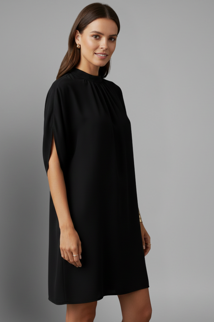 Rielle | Women’s Mini Dress – Mock Neck Shift Dress with Split Short Sleeves