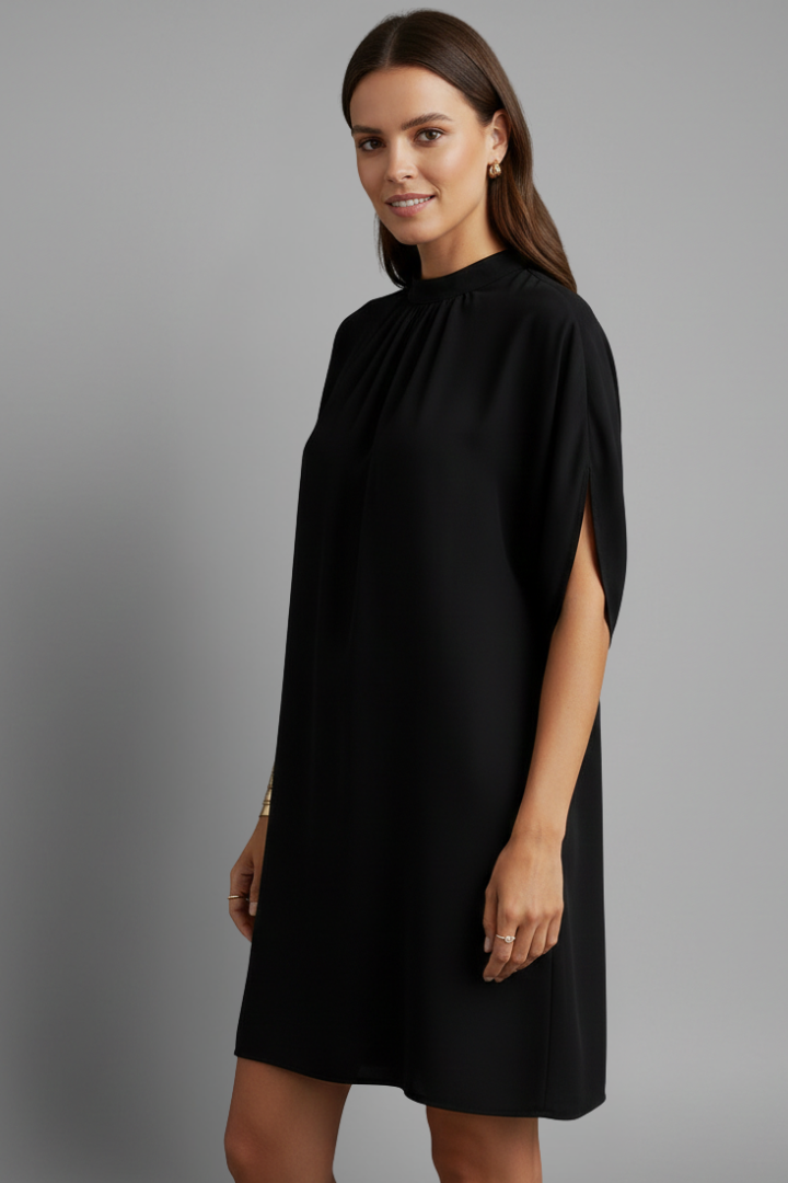 Rielle | Women’s Mini Dress – Mock Neck Shift Dress with Split Short Sleeves