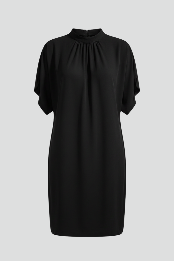 Rielle | Women’s Mini Dress – Mock Neck Shift Dress with Split Short Sleeves