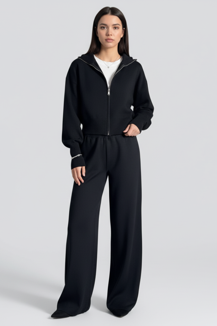 Riley | Women's Knit Lounge Set – Zip-Up Jacket with Wide-Leg Pants & Elastic Waist