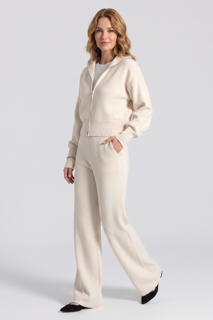 Riley | Women's Knit Lounge Set – Zip-Up Jacket with Wide-Leg Pants & Elastic Waist