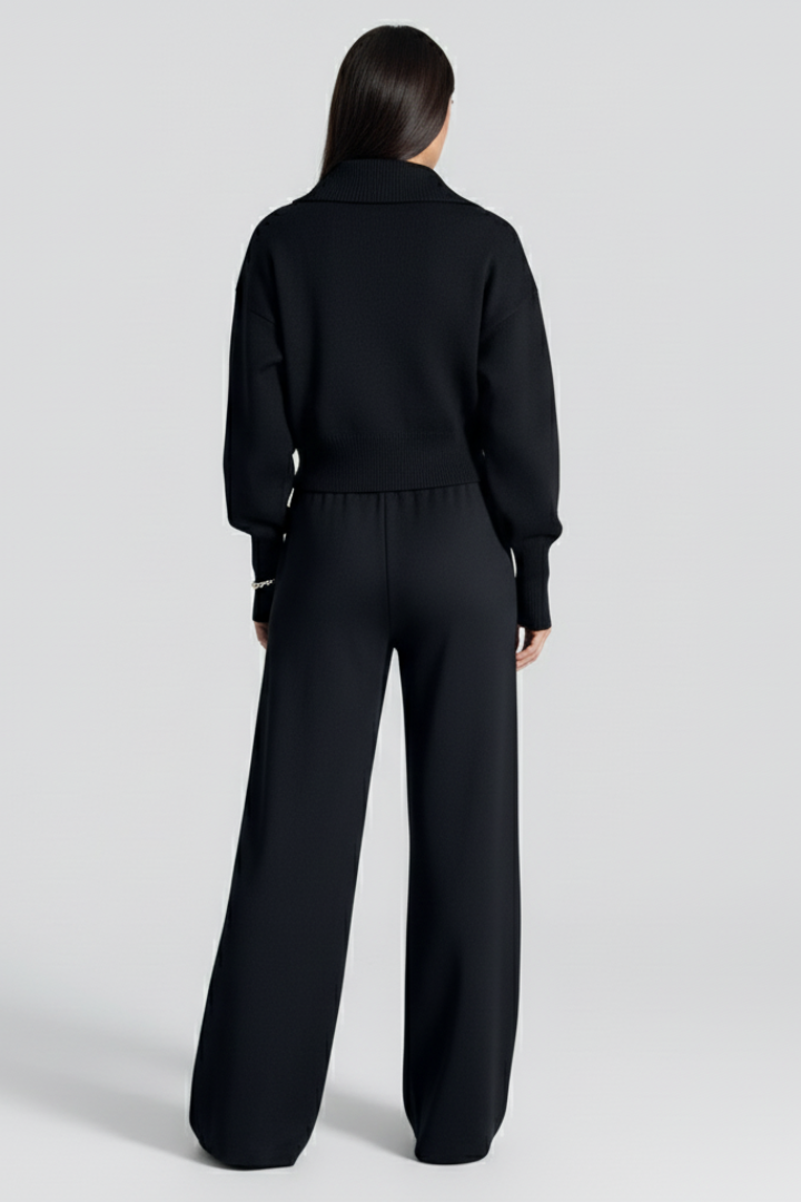 Riley | Women's Knit Lounge Set – Zip-Up Jacket with Wide-Leg Pants & Elastic Waist