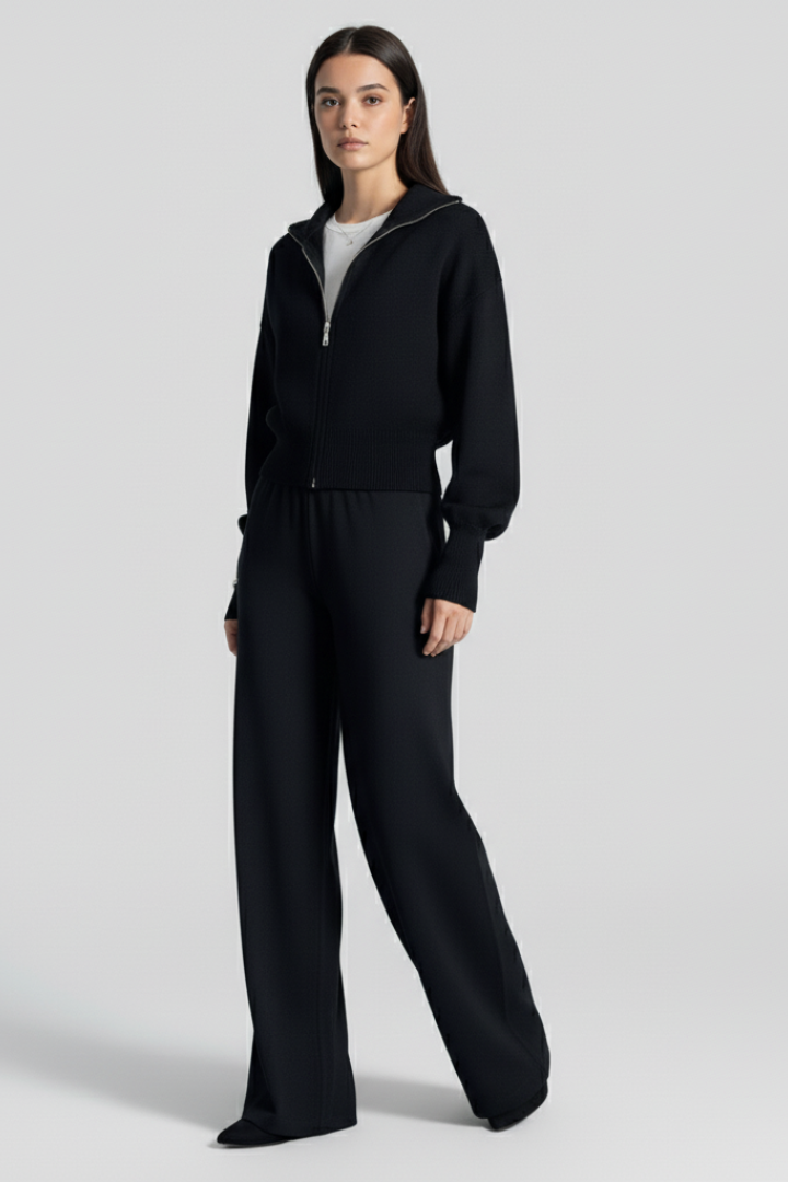 Riley | Women's Knit Lounge Set – Zip-Up Jacket with Wide-Leg Pants & Elastic Waist