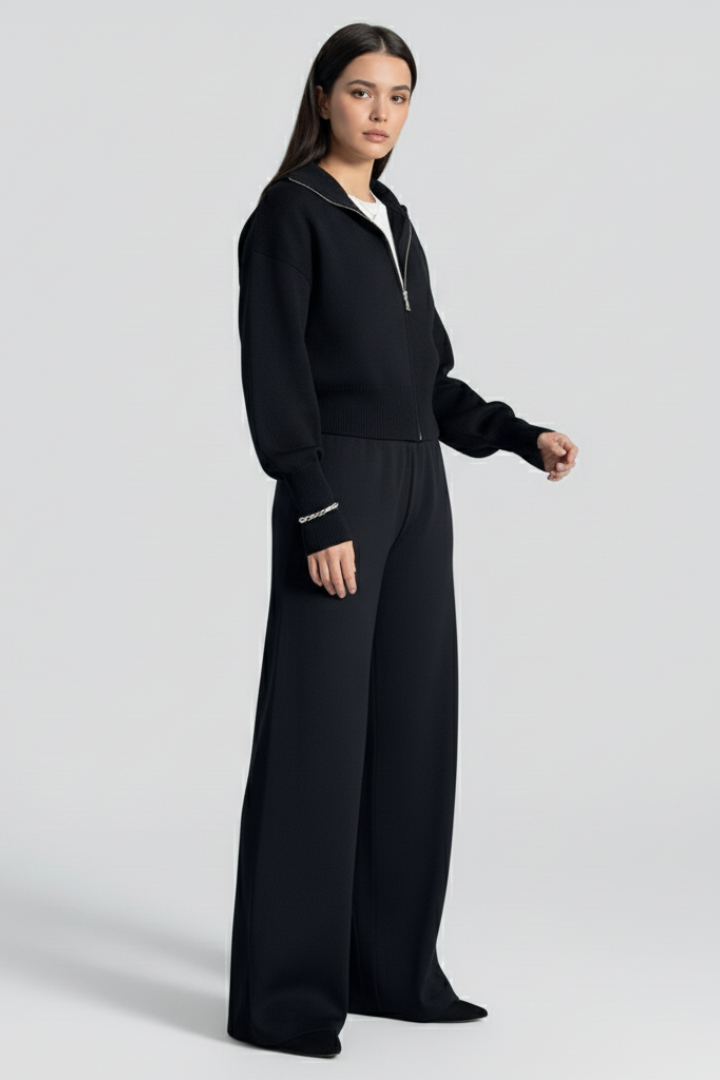 Riley | Women's Knit Lounge Set – Zip-Up Jacket with Wide-Leg Pants & Elastic Waist