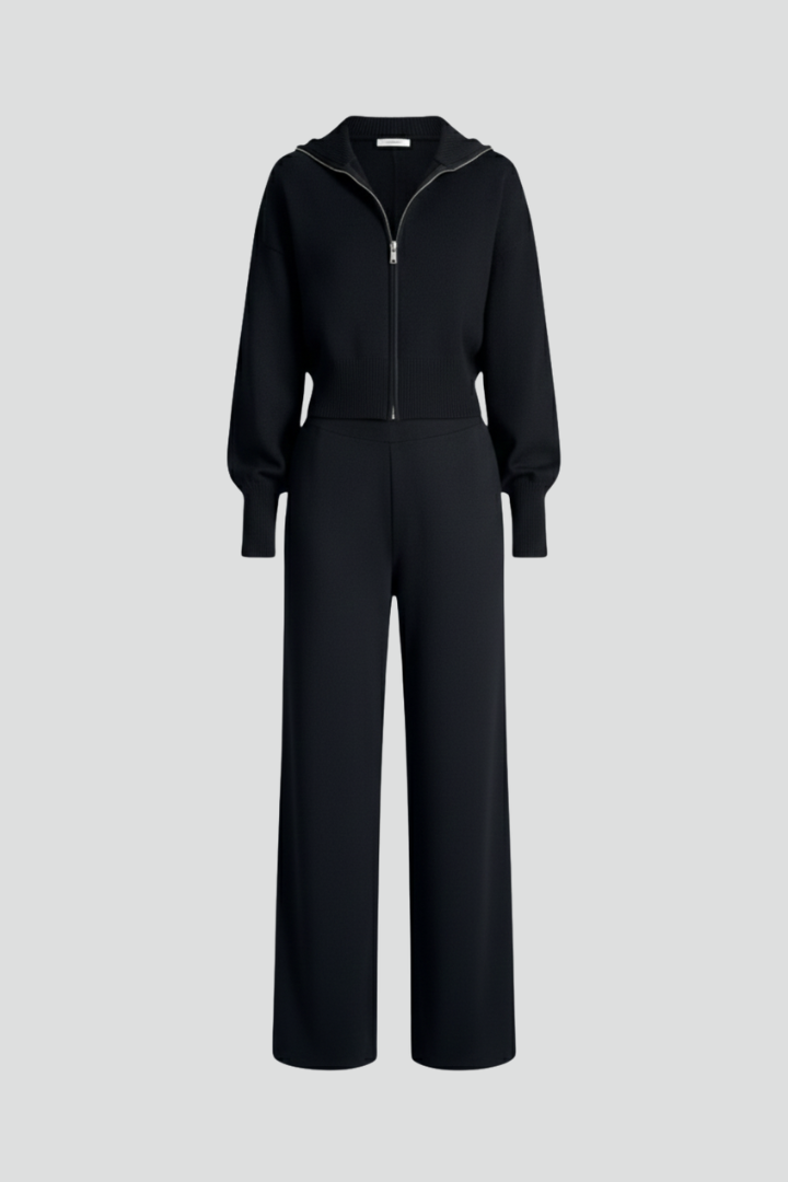 Riley | Women's Knit Lounge Set – Zip-Up Jacket with Wide-Leg Pants & Elastic Waist