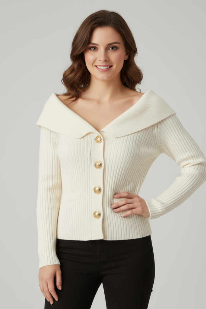 Riona | Women's Ribbed Knit Sweater Cardigan – Foldover Collar Button Front