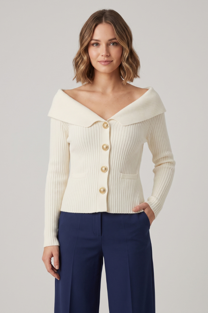 Riona | Women's Ribbed Knit Sweater Cardigan – Foldover Collar Button Front