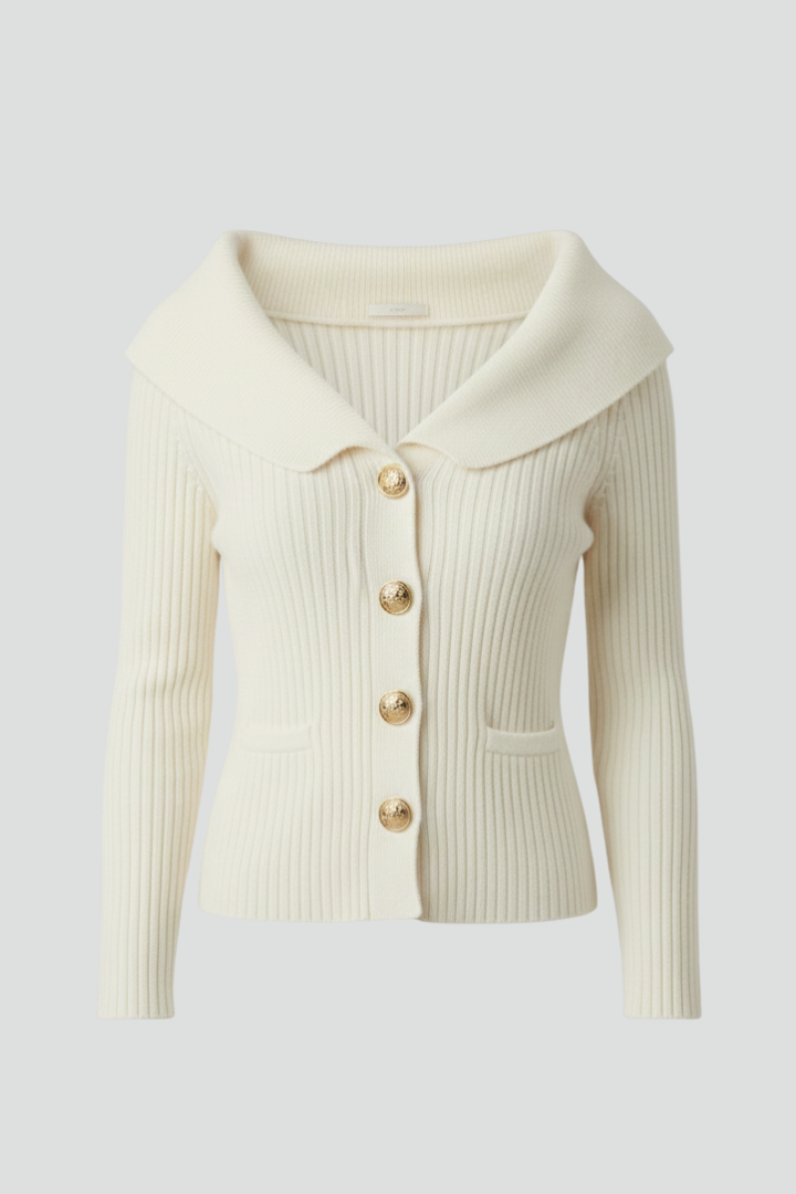 Riona | Women's Ribbed Knit Sweater Cardigan – Foldover Collar Button Front