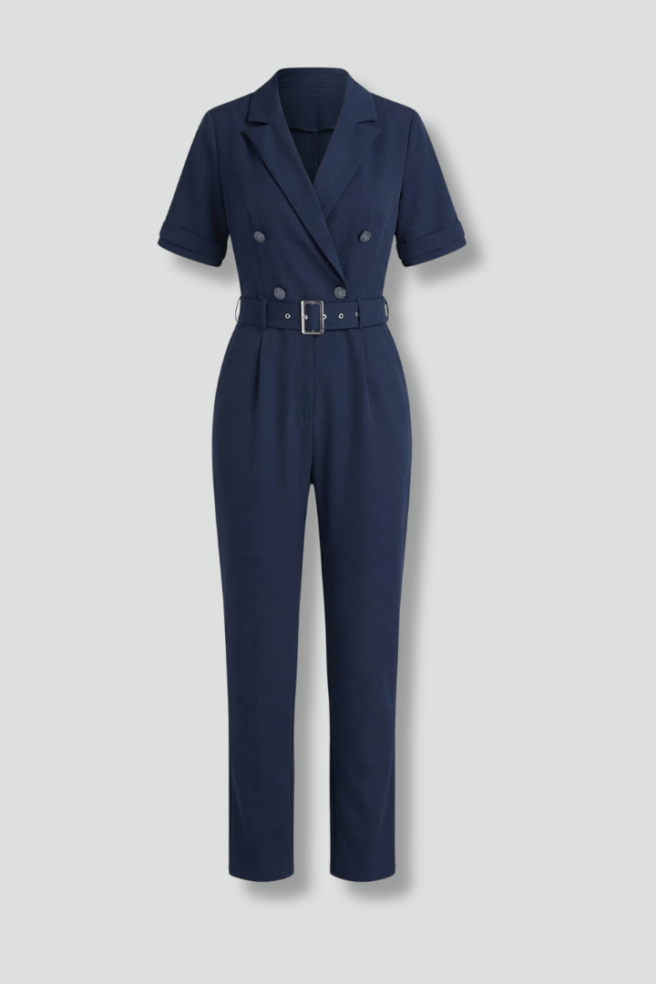 Romilly | Women’s V-Neck Jumpsuit – Short Sleeve Full-Length One-Piece with Tie Waist Belt
