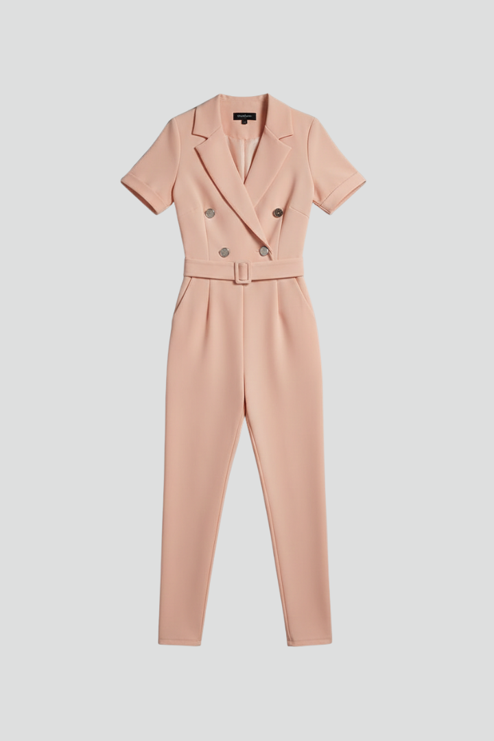 Romilly | Women’s V-Neck Jumpsuit – Short Sleeve Full-Length One-Piece with Tie Waist Belt
