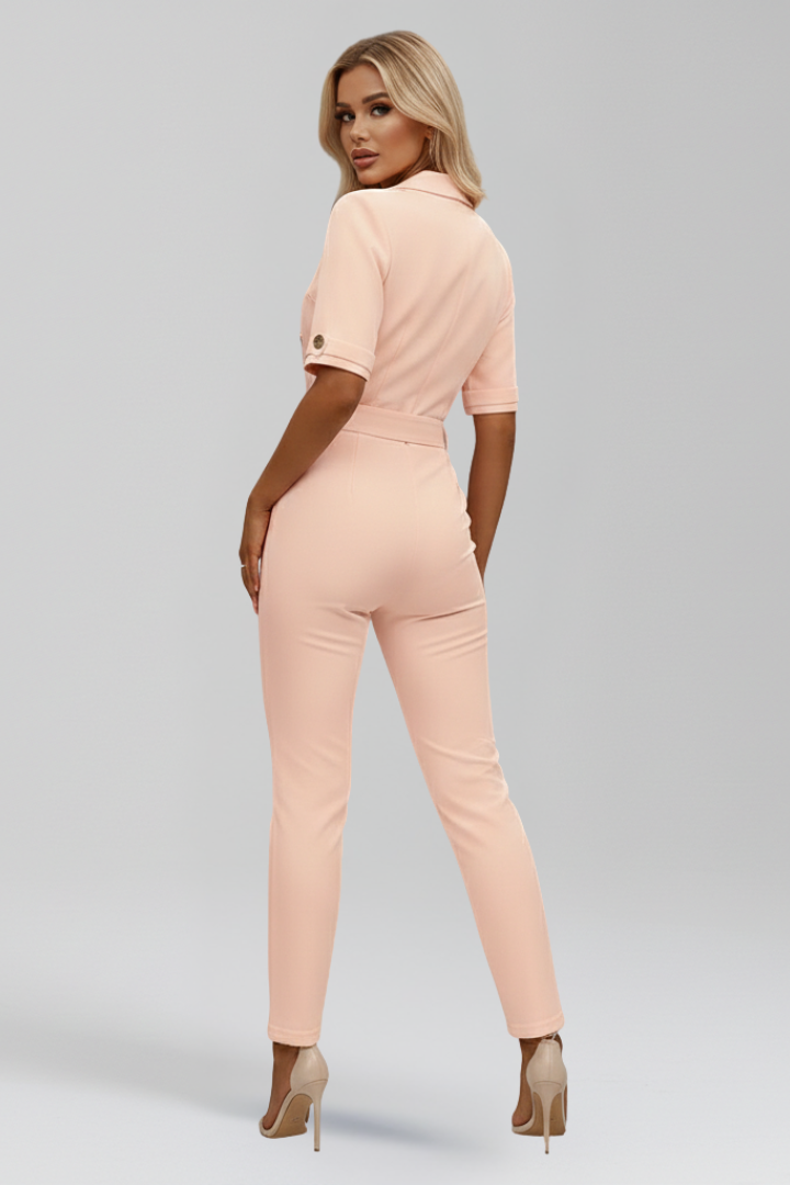 Romilly | Women’s V-Neck Jumpsuit – Short Sleeve Full-Length One-Piece with Tie Waist Belt