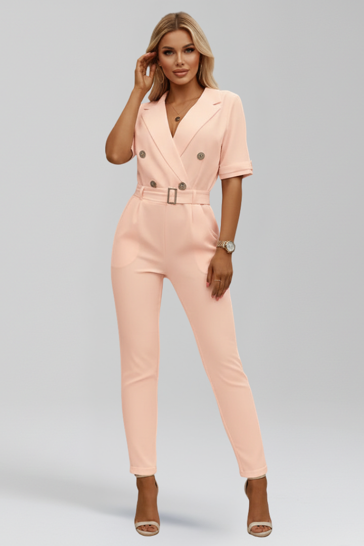Romilly | Women’s V-Neck Jumpsuit – Short Sleeve Full-Length One-Piece with Tie Waist Belt