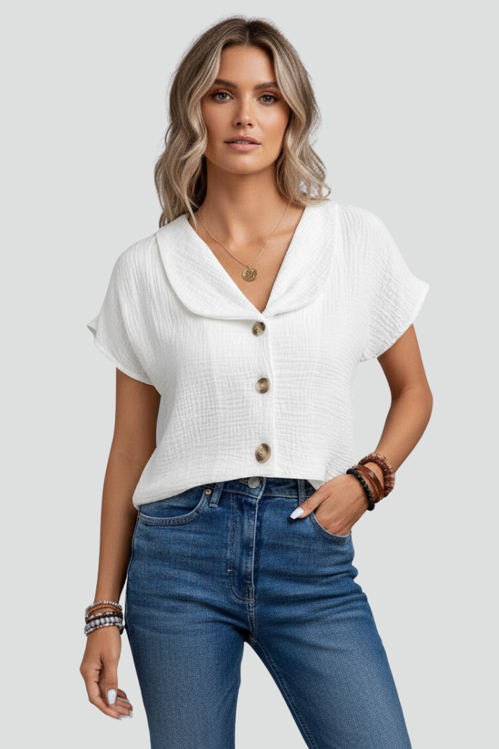Romina | Women’s Short Sleeve Button-Up Blouse – Textured Collared Shirt, Casual Loose Fit