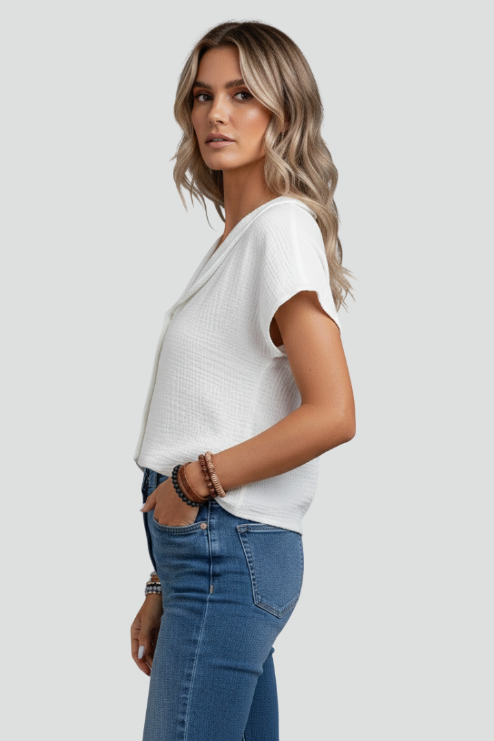 Romina | Women’s Short Sleeve Button-Up Blouse – Textured Collared Shirt, Casual Loose Fit