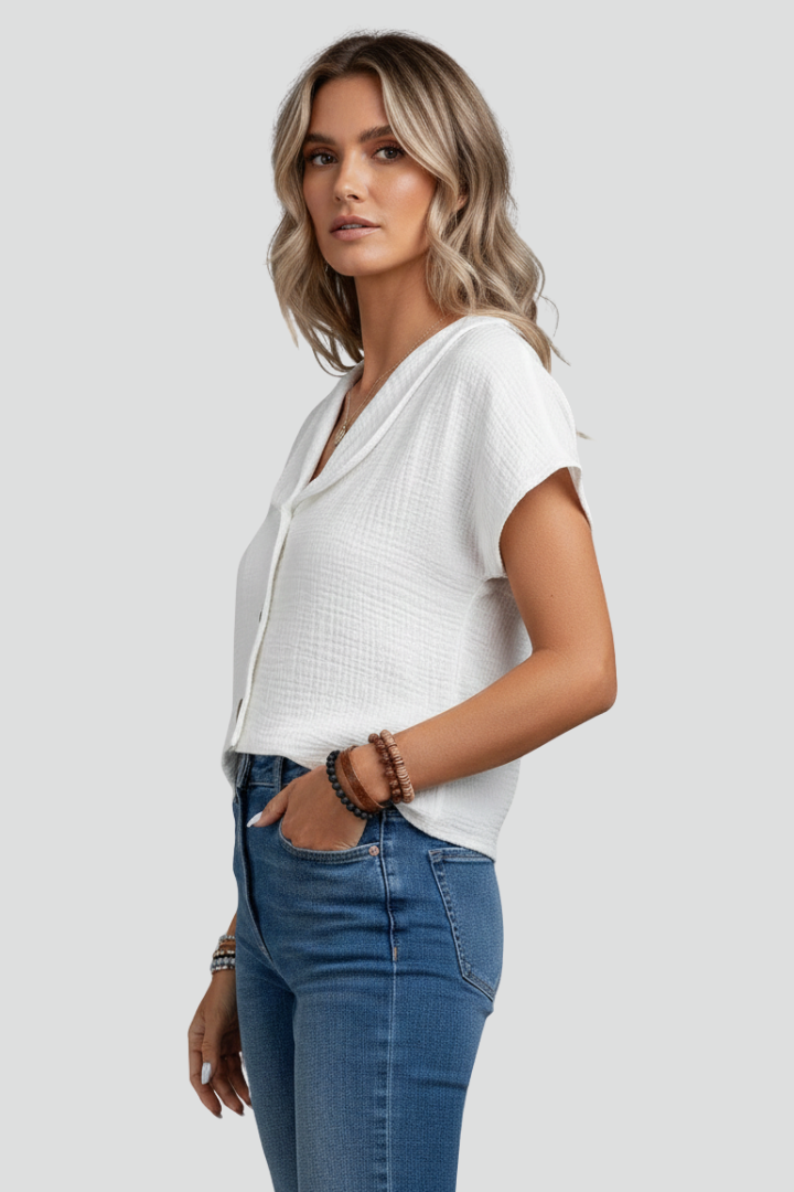 Romina | Women’s Short Sleeve Button-Up Blouse – Textured Collared Shirt, Casual Loose Fit