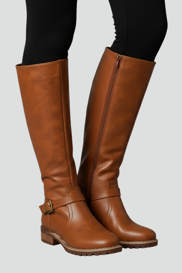 Rosamund | Women’s Knee-High Boots – Round Toe, Buckle Strap