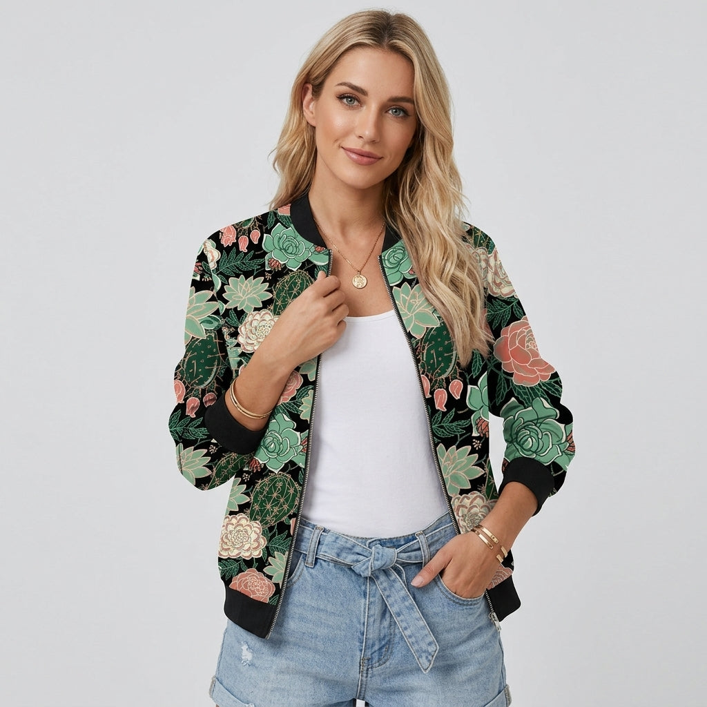 Rosavelle | Women’s Bomber Jacket with Floral Print – Short Casual Jacket with Zip Closure