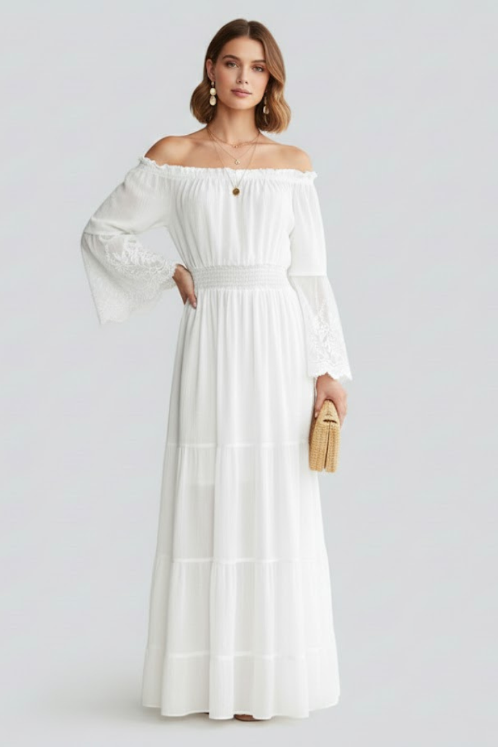 Rosmira | Women’s Off Shoulder Maxi Dress – Lace 3/4 Sleeve Tiered Long Dress