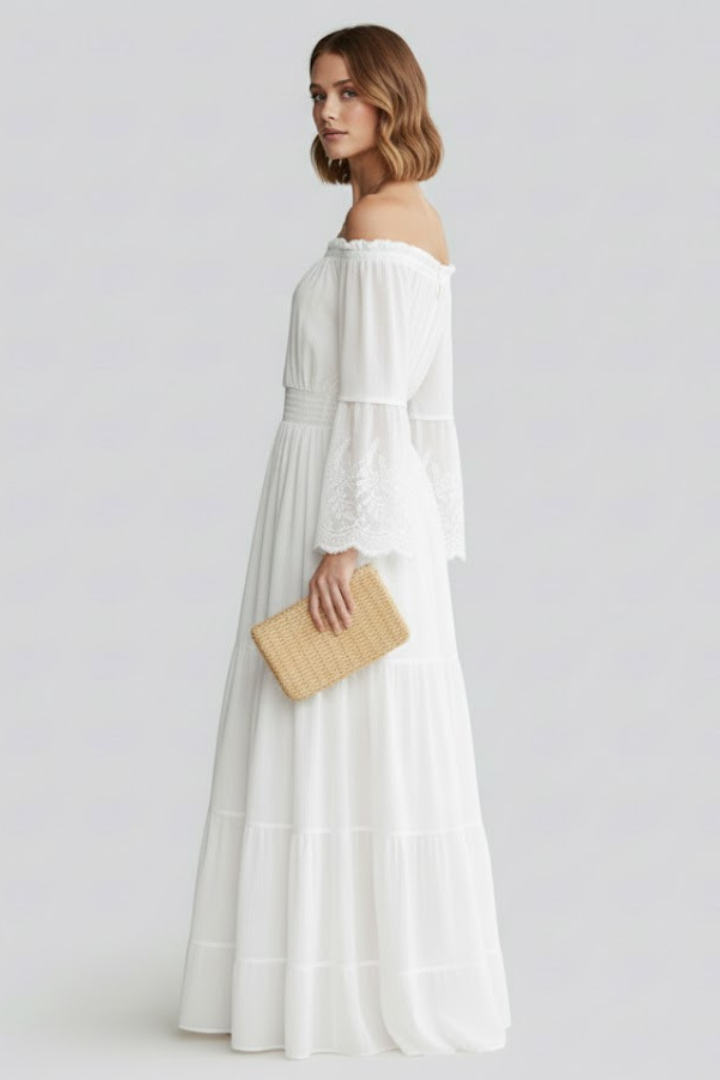 Rosmira | Women’s Off Shoulder Maxi Dress – Lace 3/4 Sleeve Tiered Long Dress