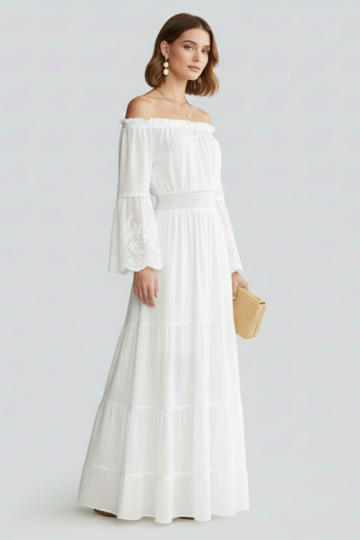 Rosmira | Women’s Off Shoulder Maxi Dress – Lace 3/4 Sleeve Tiered Long Dress