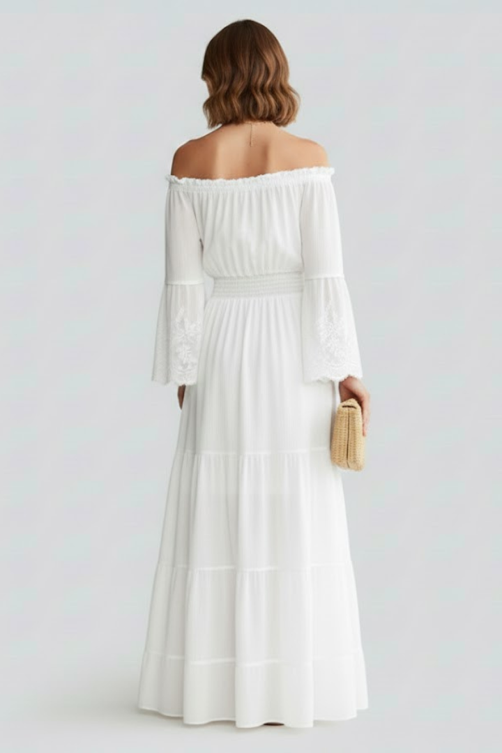 Rosmira | Women’s Off Shoulder Maxi Dress – Lace 3/4 Sleeve Tiered Long Dress
