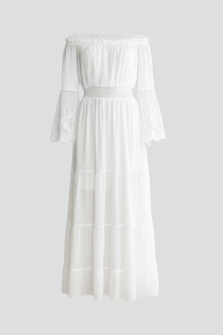 Rosmira | Women’s Off Shoulder Maxi Dress – Lace 3/4 Sleeve Tiered Long Dress