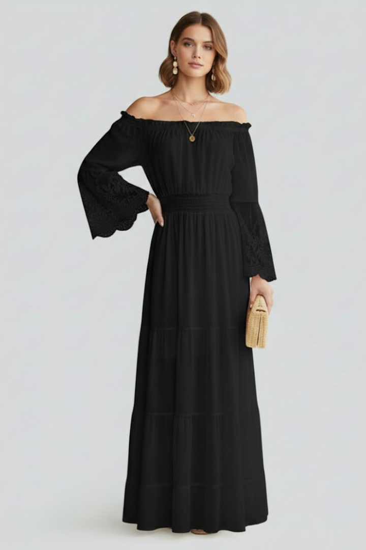 Rosmira | Women’s Off Shoulder Maxi Dress – Lace 3/4 Sleeve Tiered Long Dress