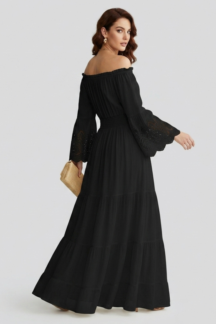 Rosmira | Women’s Off Shoulder Maxi Dress – Lace 3/4 Sleeve Tiered Long Dress