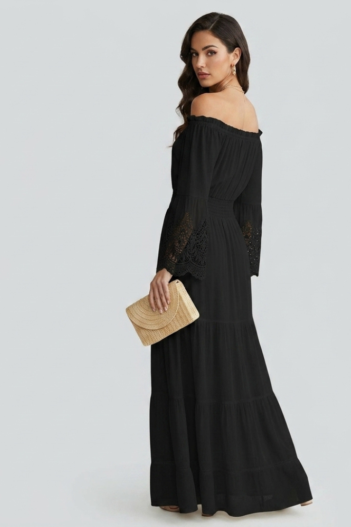 Rosmira | Women’s Off Shoulder Maxi Dress – Lace 3/4 Sleeve Tiered Long Dress
