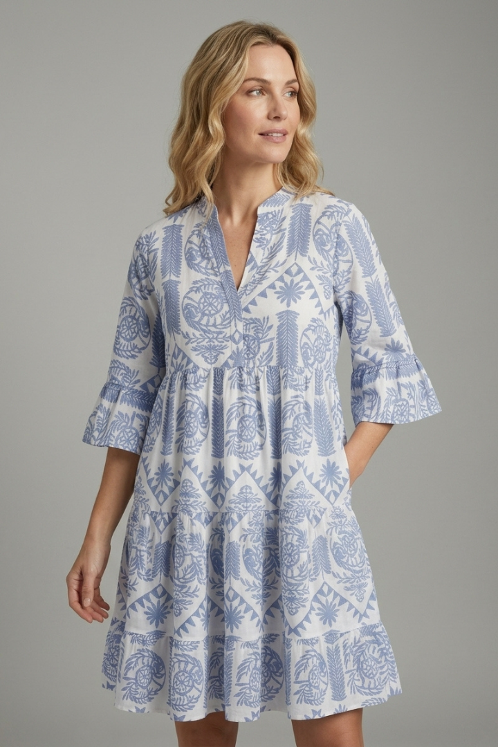 Rowan | Women's Casual Printed Dress – Round Neck 3/4 Sleeve Knee Length Dress
